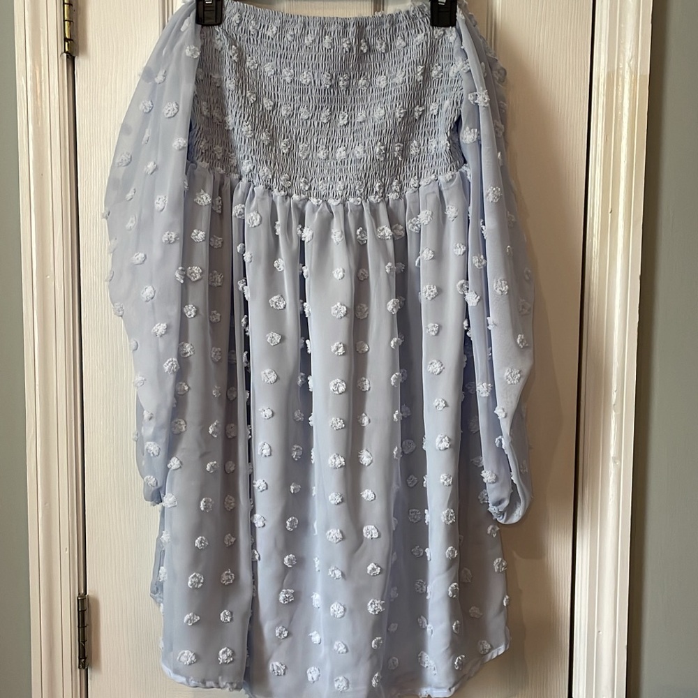 Light Blue Floral Chiffon Dot Maternity Dress Womens Medium Long Sleeve